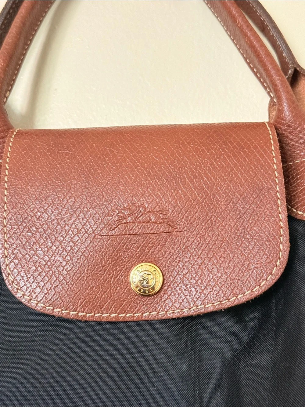 Longchamp Black Nylon Tote with Brown Leather Trim